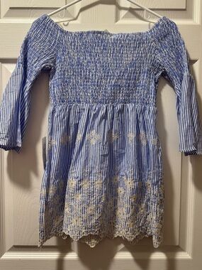 Blue & White Striped Off-Shoulder Embroidered Dress